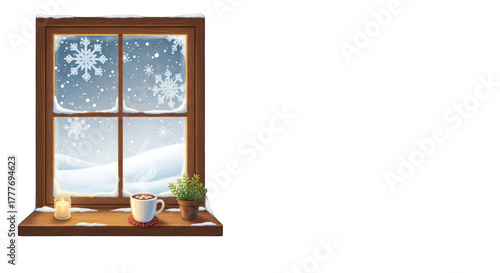 Winter window view with snow and cozy decorations indoors isolated on a transparent background