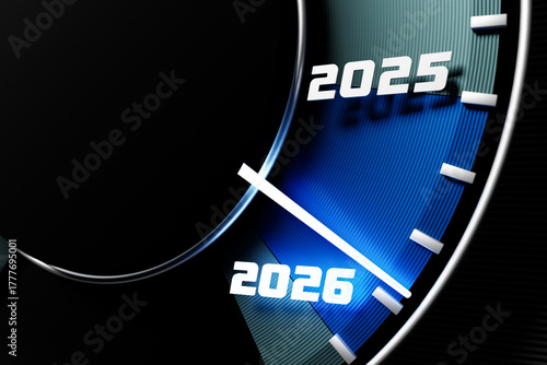 3D illustration of a close-up black speedometer with cutoff points at 2025 and 2026. The design symbolizes the transition between years