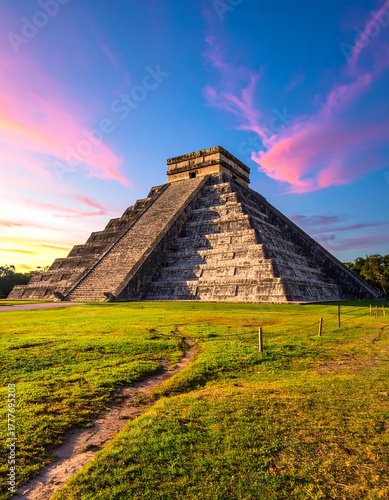 Chichen Itza Pyramid at Sunset - Ancient Mayan Civilization Wonder.