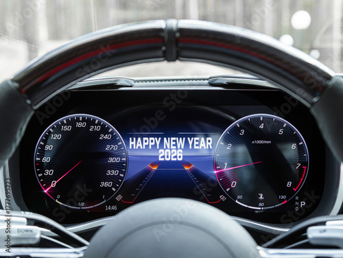 Close-up of an automobile instrument panel showing odometer, speedometer, tachometer, and fuel gauge, featuring a message that reads 