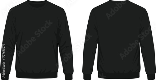 Black crewneck sweatshirt, plain design, front and back view, casual wear, blank apparel, fashion mockup, unisex clothing, isolated background