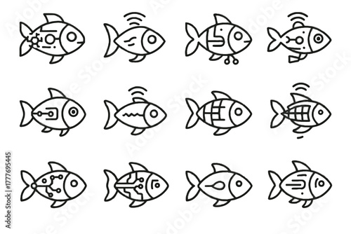 Robotic digital fish icons icon vector drone motorized aquatic marine programmable robot