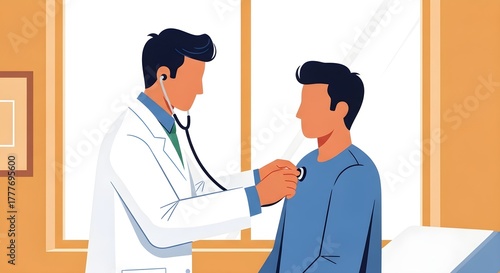 Doctor examining patient with stethoscope during medical checkup, healthcare consultation concept