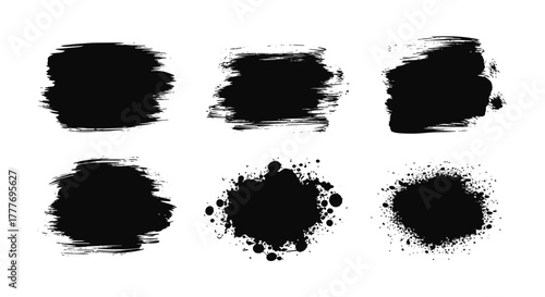 Collection of Black Ink Splatters and Brush Strokes for Artistic Design.