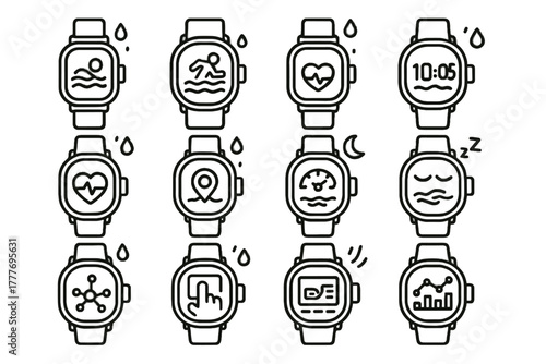 Vector icon touchscreen waterproof swimming submersible watch tracker smart activity underwater