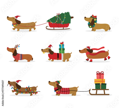 Christmas Dachshund Dogs Set, Cute Wiener Dogs Wearing Santa Hats and Festive Sweaters, Pulling Sleighs with Gifts and Tree.