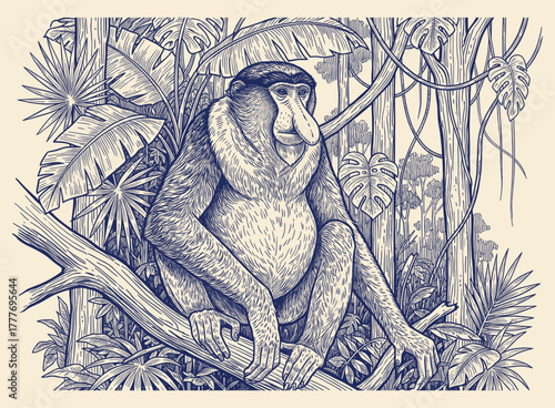 Hand Drawn Illustration of a Majestic Proboscis Monkey Resting Peacefully Amid Lush Tropical Vegetation in Its Natural Riverine Forest Habitat