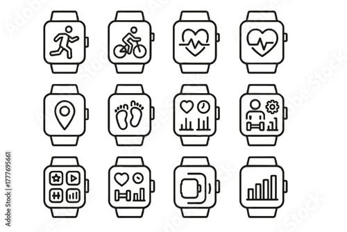 Watch sensor training device monitor touchscreen vector smartwatch tracker tracking icon set