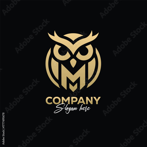 Elegant gold owl emblem with 'M' monogram signifies wisdom and modern branding for businesses seeking a sophisticated identity