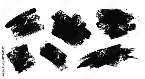 Abstract Black Ink Brush Strokes Collection on White Background.