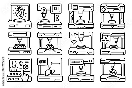 Clinical printer scaffold icons vector tissue printing hospital device icon interactive futuristic