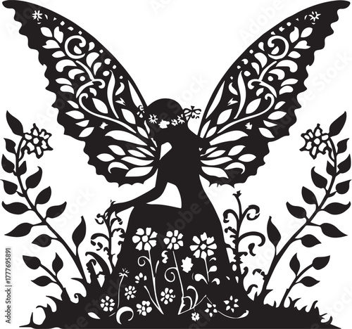silhouette of a girl with butterfly on white background eps