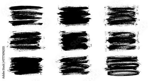 Collection of Black Ink Brush Strokes on White Background 2.