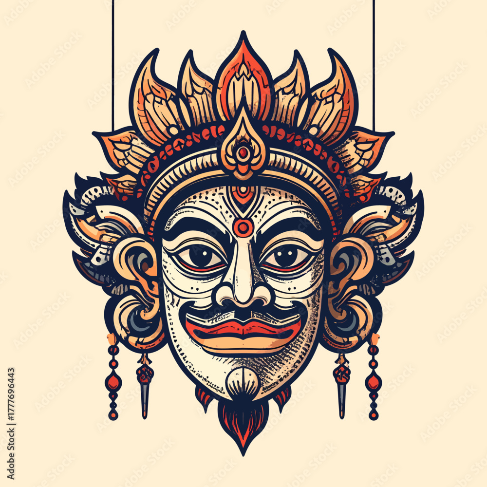 Naklejka premium Vibrant Balinese Mask Illustration of a Traditional Deity with Intricate Details and Ornate Headdress