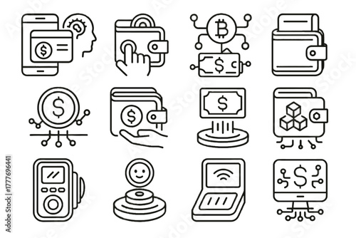 Vector portable money mobile smart manager purse wallet assistant interactive icons icon