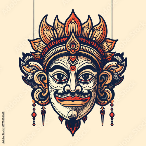 Vibrant Balinese Mask Illustration of a Traditional Deity with Intricate Details and Ornate Headdress