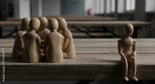 Wooden figure sitting alone while group gathers together, concept of loneliness and social isolation