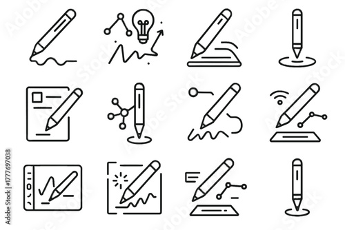 Vector interactive ai sketching floating digital pen creative predictive interface icon writing