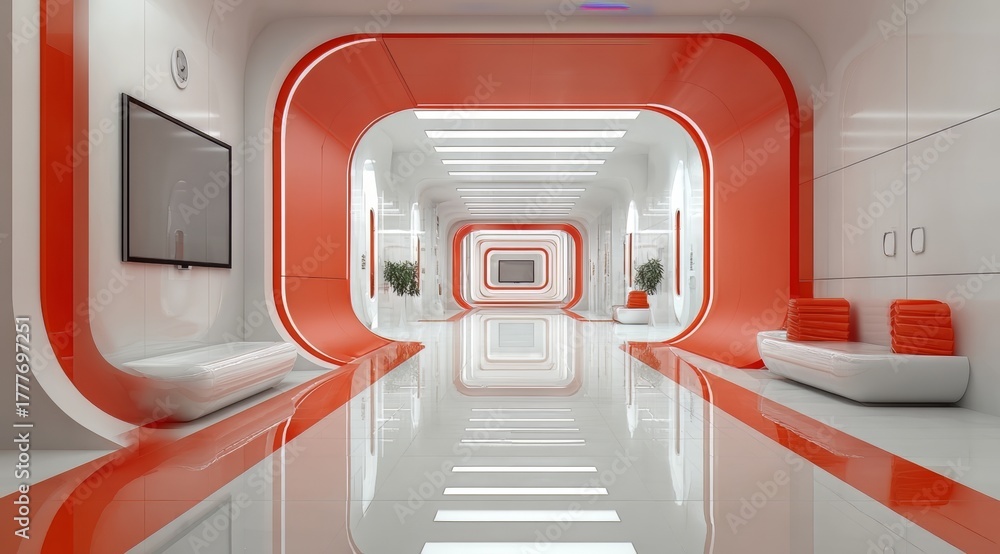 Obraz premium Long, narrow hallway with a red and white color scheme. The walls are white and the floor is red
