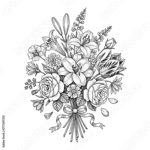 Detailed vintage-style line art of a lavish floral bouquet featuring roses, lilies, tulips, and other flowers, tied with a decorative ribbon.