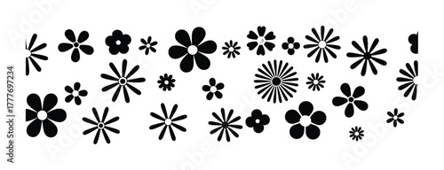 A collection of black and white stylized flower illustrations on a white background