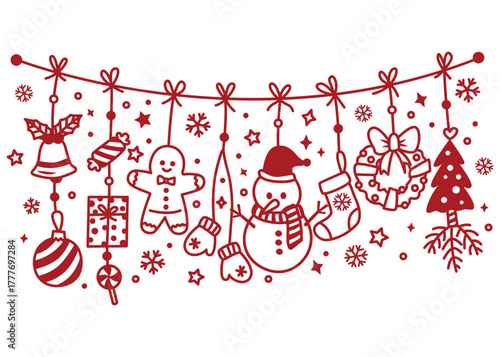 Red hanging christmas decorations vector illustration, Christmas element design, Christmas background, Cute Christmas snowman and gingerbread, Tree black and white, Winter for template, Card, Banner.