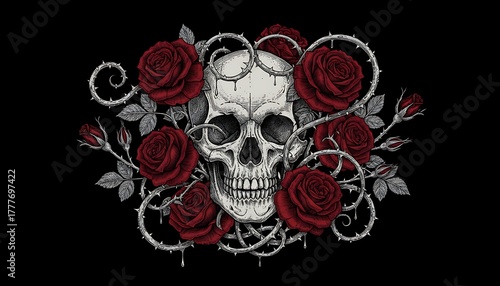 Macabre Gothic Skull Adorned with Deep Red Roses and Thorny Vines, a Dark Artistic Illustration