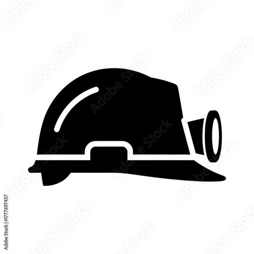 Black Silhouette Miner's Hard Hat with Headlamp Icon on White