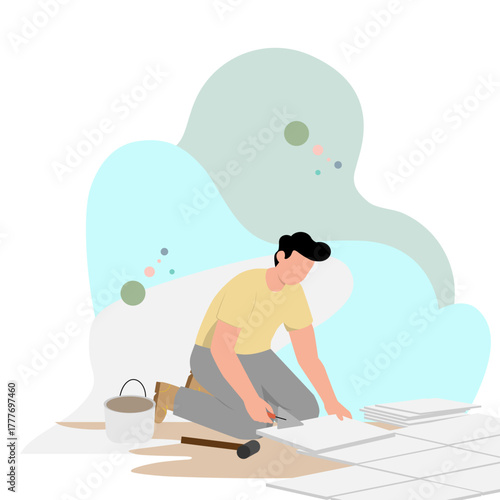 Flat vector of a construction worker installing floor tiles. Minimal illustration showing craftsmanship, home renovation, and interior improvement.