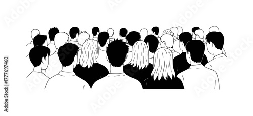 A Diverse Crowd of People Viewed From Behind in a Minimalist Black and White Illustration