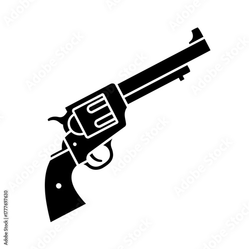 Classic Black Revolver Silhouette Icon with Angled Barrel on White