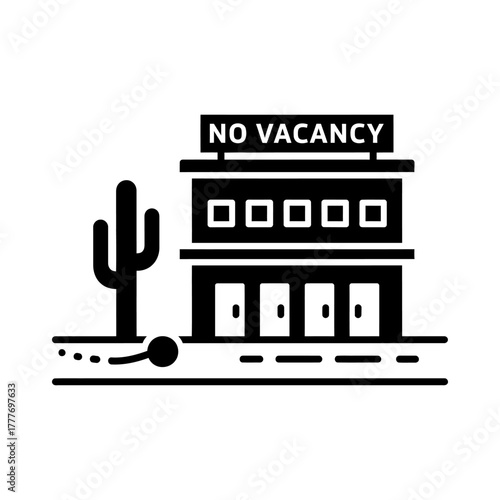 Monochromatic Flat Design Icon of Desert Motel with Cactus and Tumbleweed