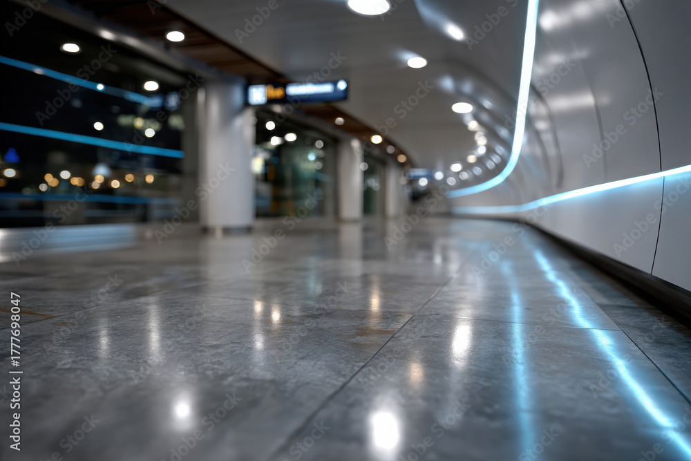 Fototapeta premium This image showcases a sleek, modern architectural space featuring polished floors and dynamic ambient lighting, ideal for capturing contemporary design aesthetics.