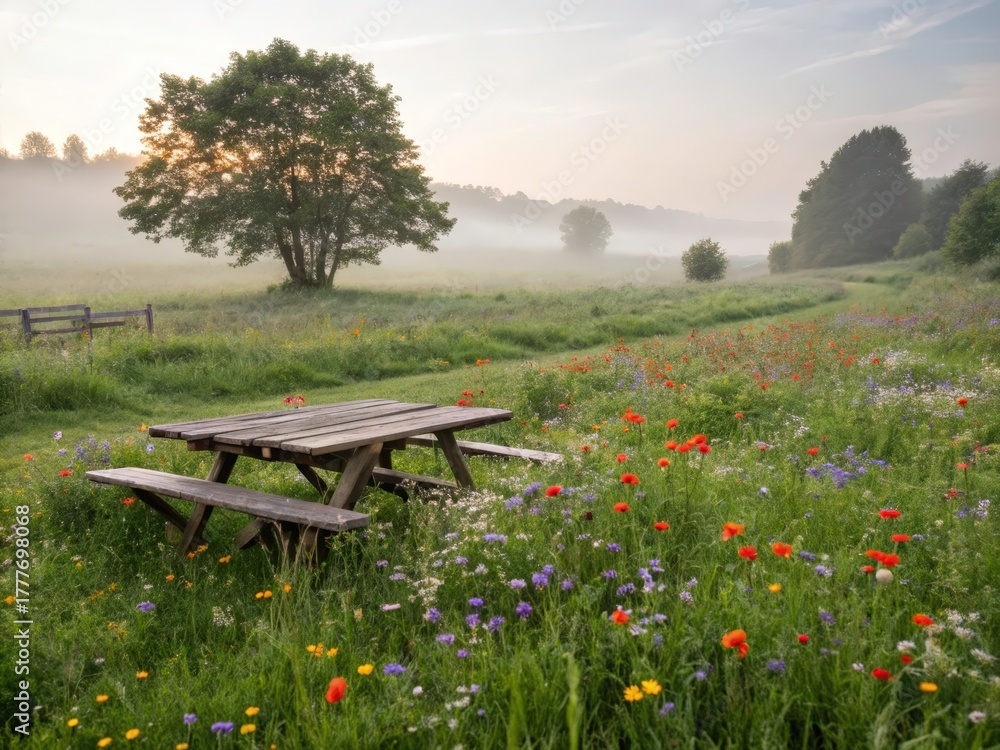 Naklejka premium Rustic Picnic Amidst Wildflower Meadow Morning