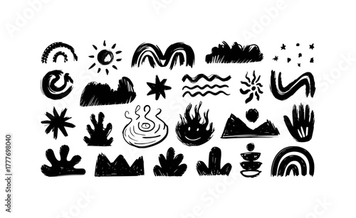 Abstract Black and White Brush Stroke Shapes: Sun, Rainbow, Fire, Nature, and More