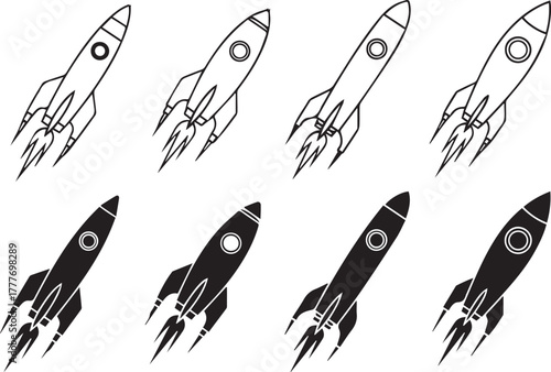 Collection of eight stylized rocket ship illustrations in black and white with a retro or vintage feel