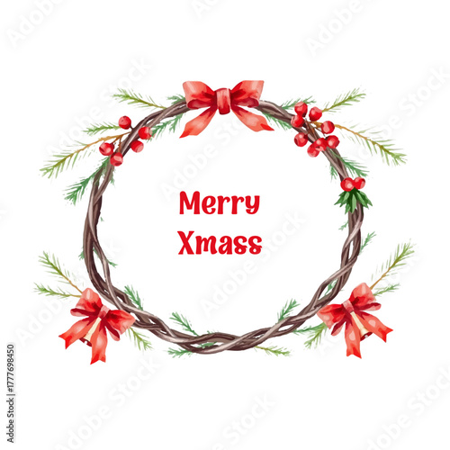 Watercolor Christmas wreath with fir branches, red poinsettia flower with holly leaves, berries and ribbon. Stylish handmade design for holiday cards, invitations, seasonal designs and branding. Festi