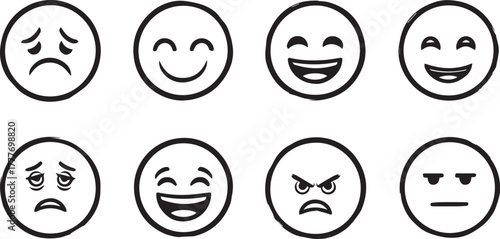 Collection of eight hand drawn oval faces displaying a variety of distinct emotions and expressions