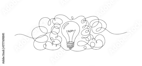 Abstract single line drawing of a lightbulb surrounded by chaotic scribbles, symbolizing ideas