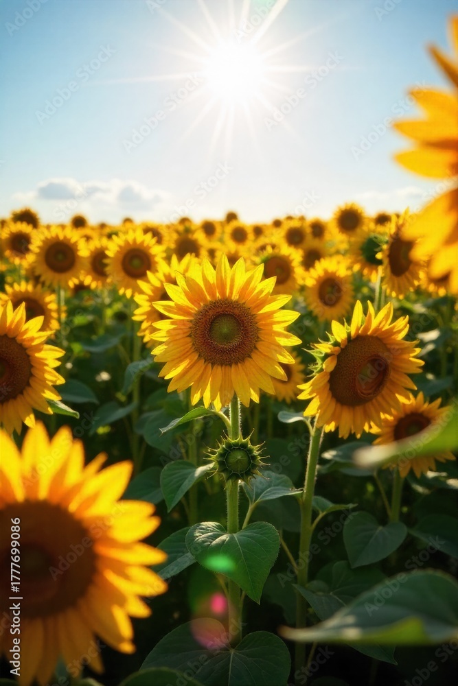 Obraz premium Sunlit Sunflower Field with Blue Sky and Fluffy White Clouds A vast field of tall, bright yellow sunflowers in full bloom, facing the sun. Above, a clear, bright blue summer sky with a few soft,