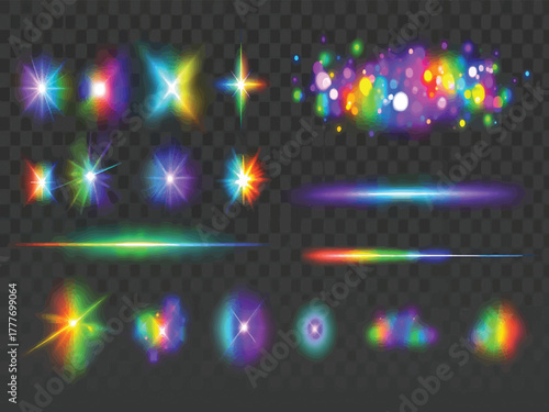 Rainbow Light Effects Collection Stars, Flares, and Bokeh on Transparent Background