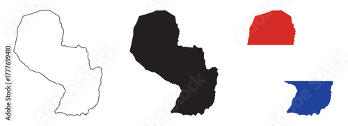 Paraguay map vector set with editable country outline black silhouette and national flag design featuring red white blue stripes with emblem isolated on white background for geography and education