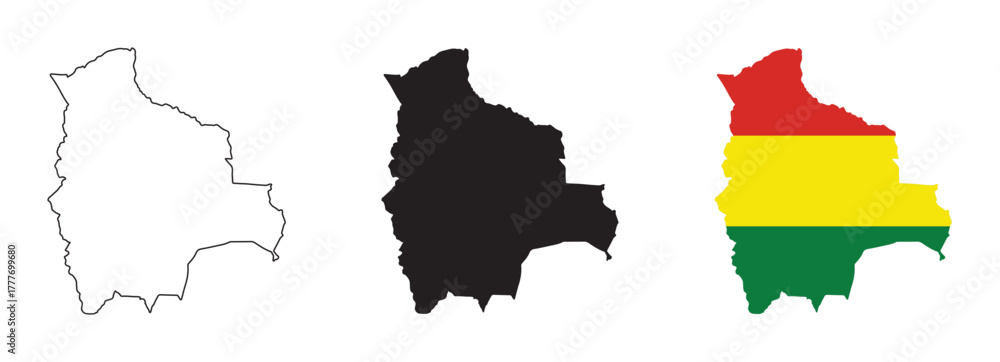 Obraz premium Bolivia map vector set with editable country outline black silhouette and national flag design featuring red yellow green horizontal stripes isolated on white background for geography and education
