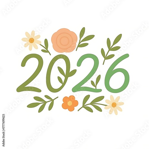 Whimsical hand drawn green number 2026 adorned with delicate spring flowers and leaves