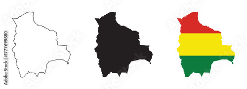 Bolivia map vector set with editable country outline black silhouette and national flag design featuring red yellow green horizontal stripes isolated on white background for geography and education