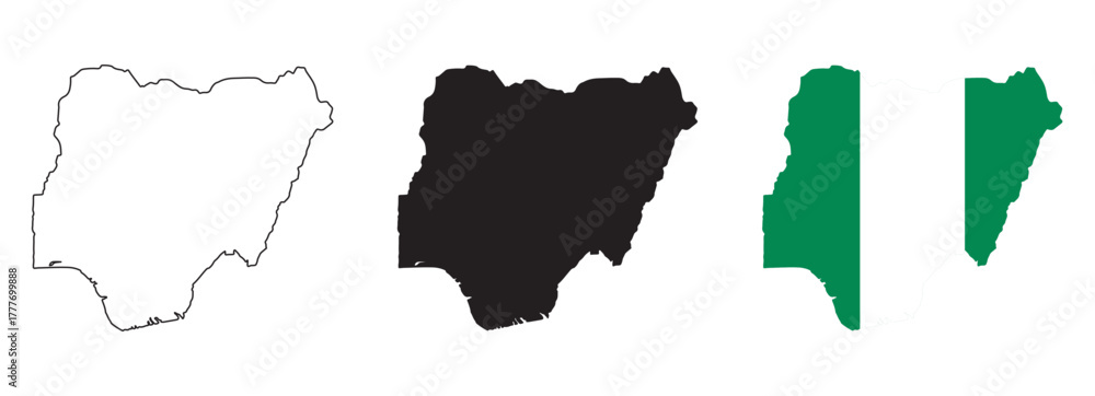 Naklejka premium Nigeria map vector set with editable country outline black silhouette and national flag design featuring green white green vertical stripes isolated on white background for geography