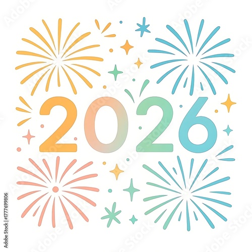 Vibrant 2026 new year celebration with colorful fireworks and sparkling stars