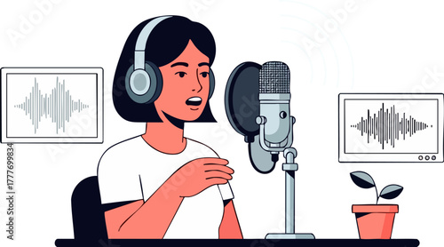 Woman recording a podcast in a studio with microphone headphones and sound waves for broadcasting content online