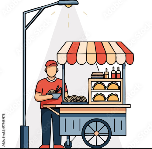 Street food vendor preparing a meal at his cart under the warm glow of a street lamp on a dark night scene