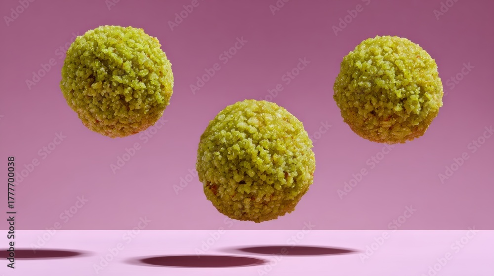 Fototapeta premium Three green balls are floating in the air above a pink background. The balls are made of a crunchy, grainy material and appear to be a type of snack or dessert. The image has a playful